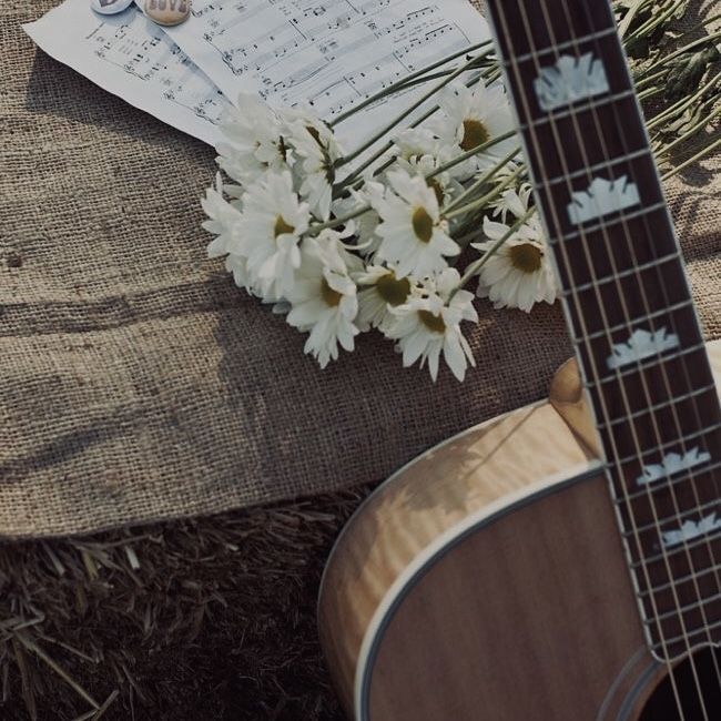 Acoustic guitar with white daisies and sheet music on rustic fabric and hay