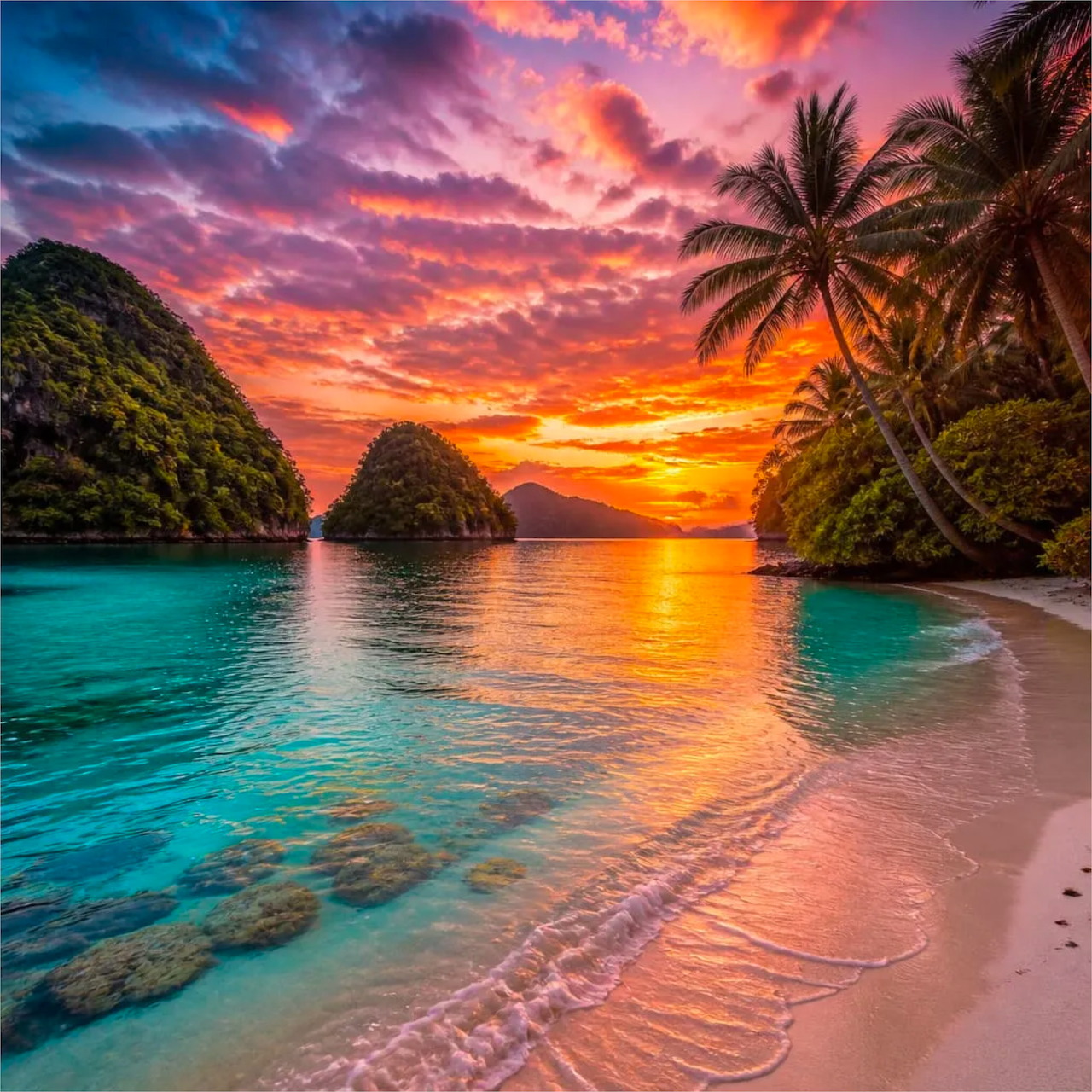 Tropical beach at sunset with turquoise water, palm trees, and rocky islands under a colorful sky