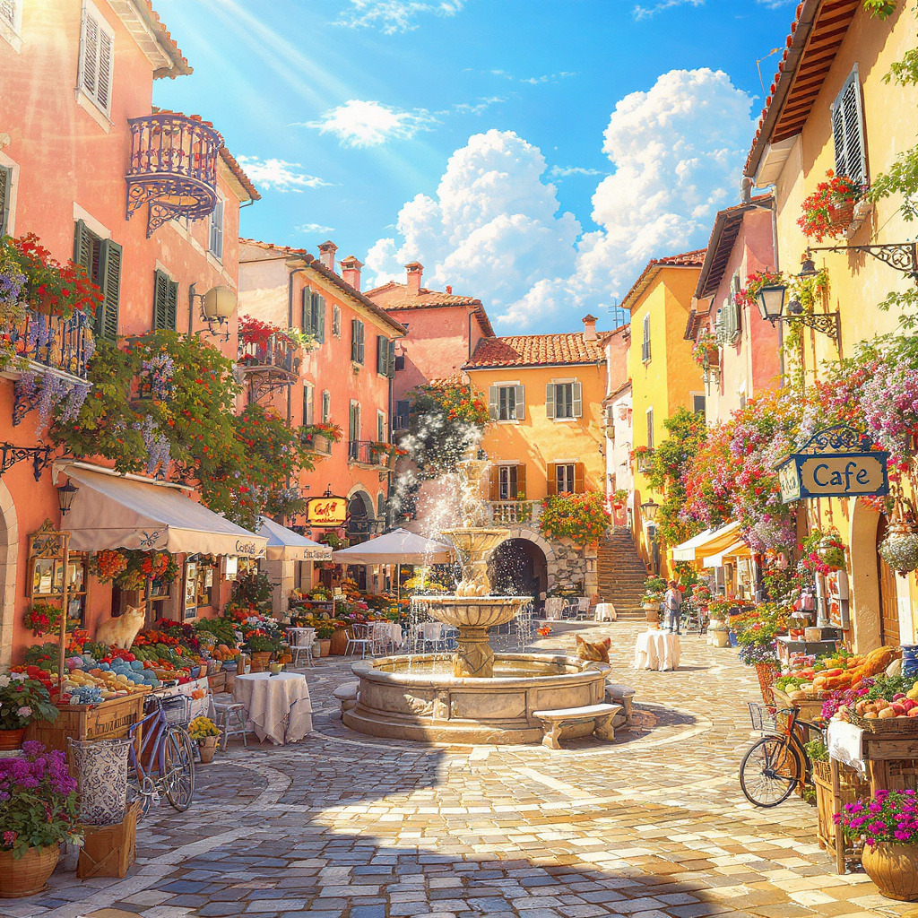 Sunny Mediterranean village square with colorful buildings, central fountain, and flower market stalls