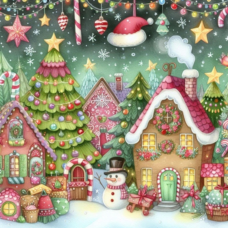 Festive gingerbread village with decorated houses, Christmas trees, snowman, and holiday ornaments in snow