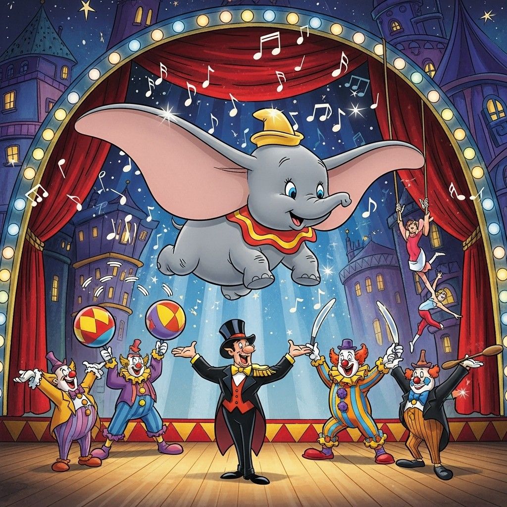 Dumbo the elephant flying in a circus tent above a ringmaster and colorful clowns