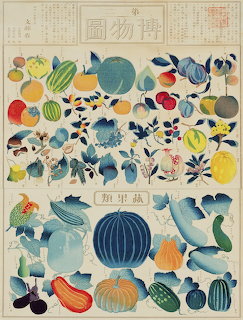 Japanese woodblock-style illustration chart of fruits and vegetables by Hasegawa Chikuyo