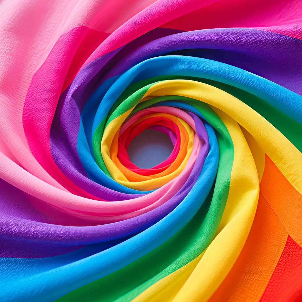 Colorful rainbow spiral with swirling bands radiating from center in vibrant hues