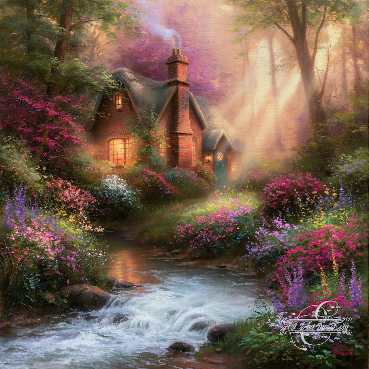 Glowing cottage in magical forest with colorful flowers, stream, and soft misty light filtering through trees