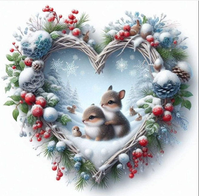 Two squirrels in heart wreath with pine, berries, snow and Christmas ornaments