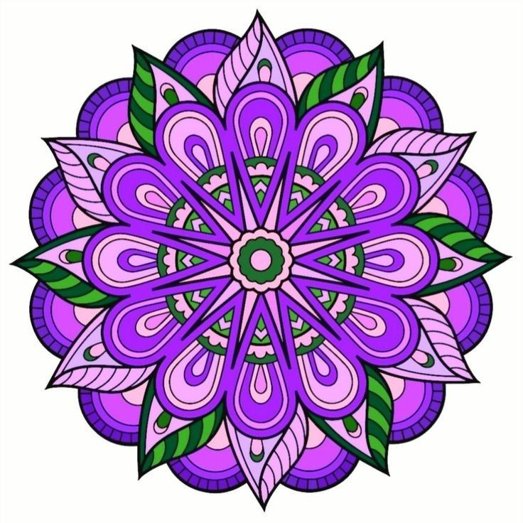 Symmetrical purple and pink mandala with green leaf accents in a circular floral pattern
