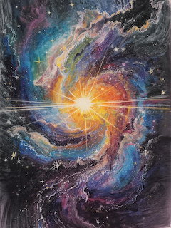 Colorful painting of a galaxy with bright central star and swirling rainbow nebula clouds in space