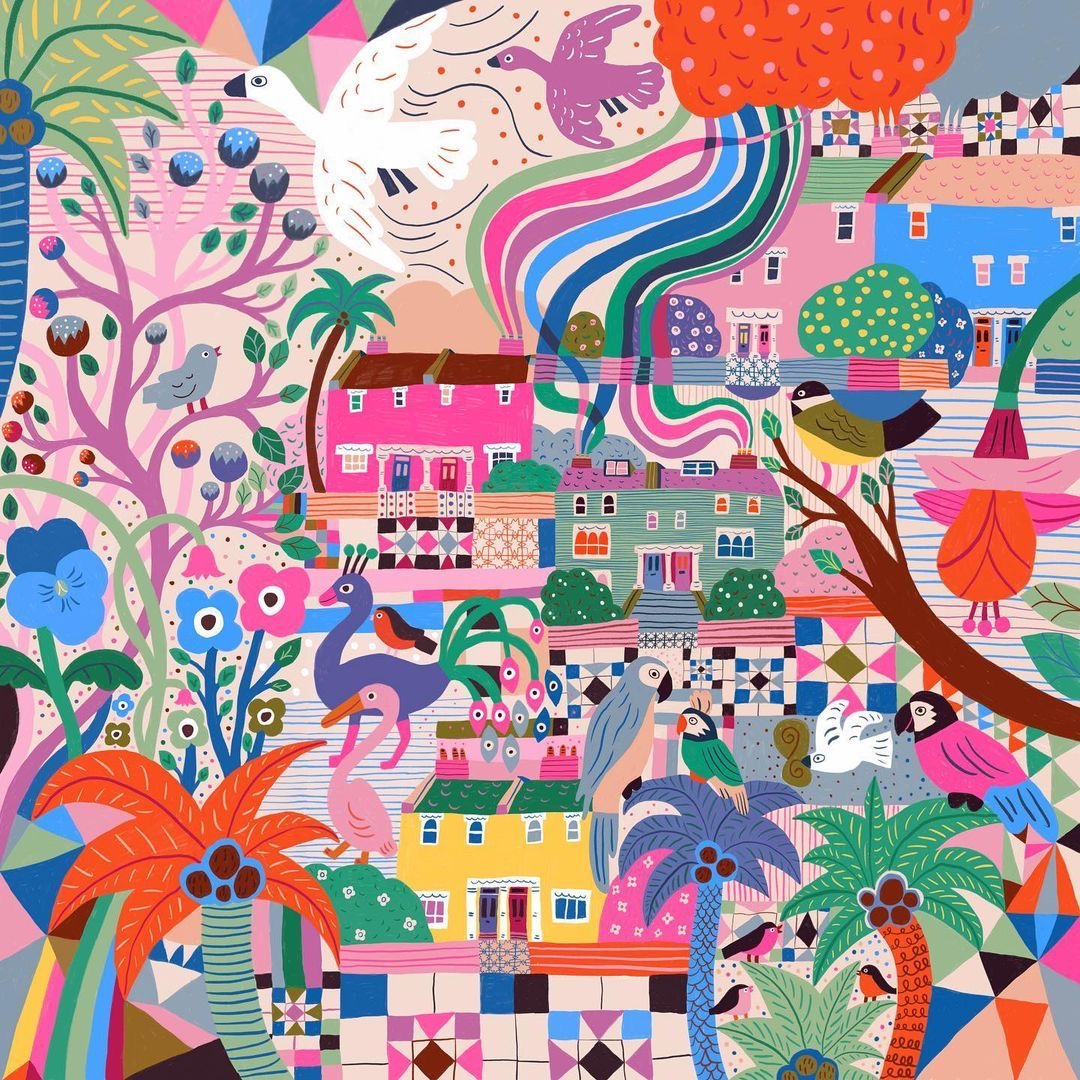 Colorful folk art village with bright houses, birds, flowers, and decorative trees
