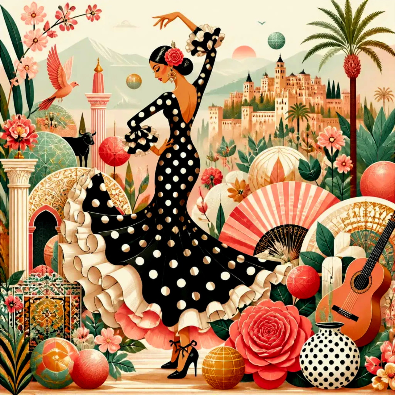 Flamenco dancer in black polka dot dress amid Spanish cityscape, fans, roses, and tropical plants in art deco collage style