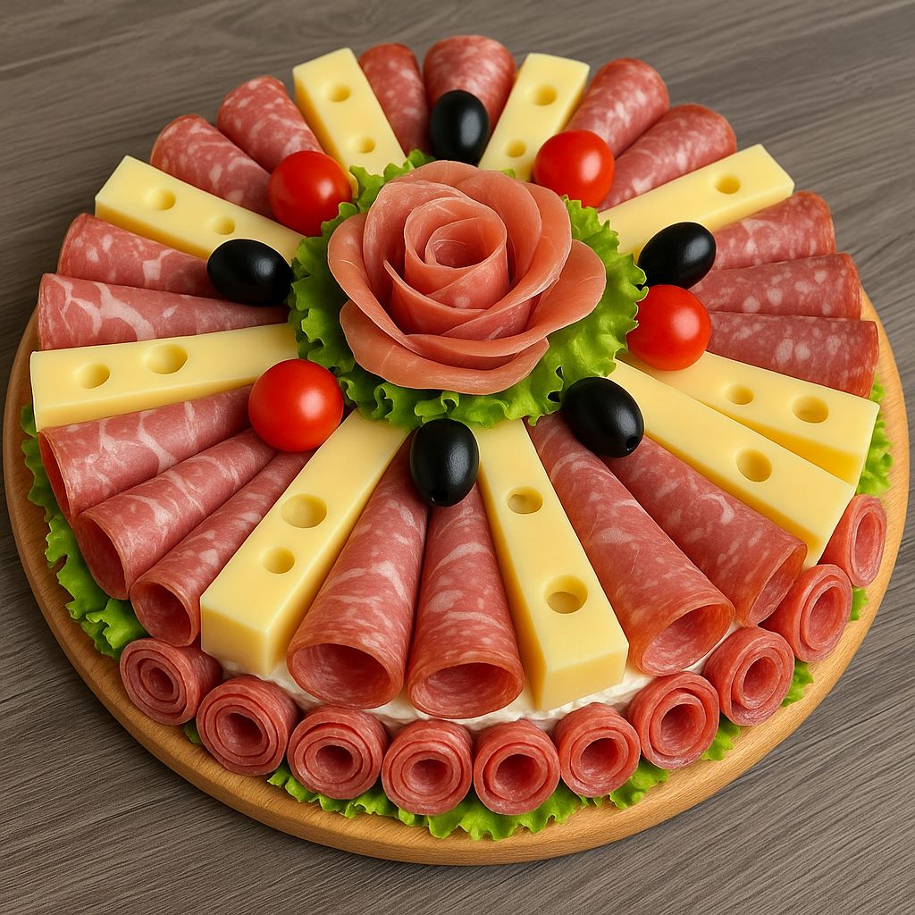 Decorative circular charcuterie board with salami, cheese, tomatoes and olives arranged in radial pattern