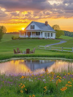 White country house beside pond with Adirondack chairs on lawn at sunset