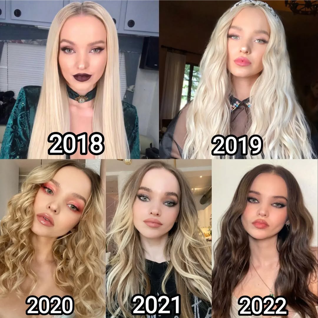 Five portraits showing blonde hairstyle changes labeled 2018 through 2022