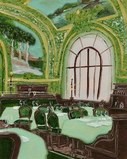Painted restaurant interior with green tables, chairs, arched window and wall landscape murals