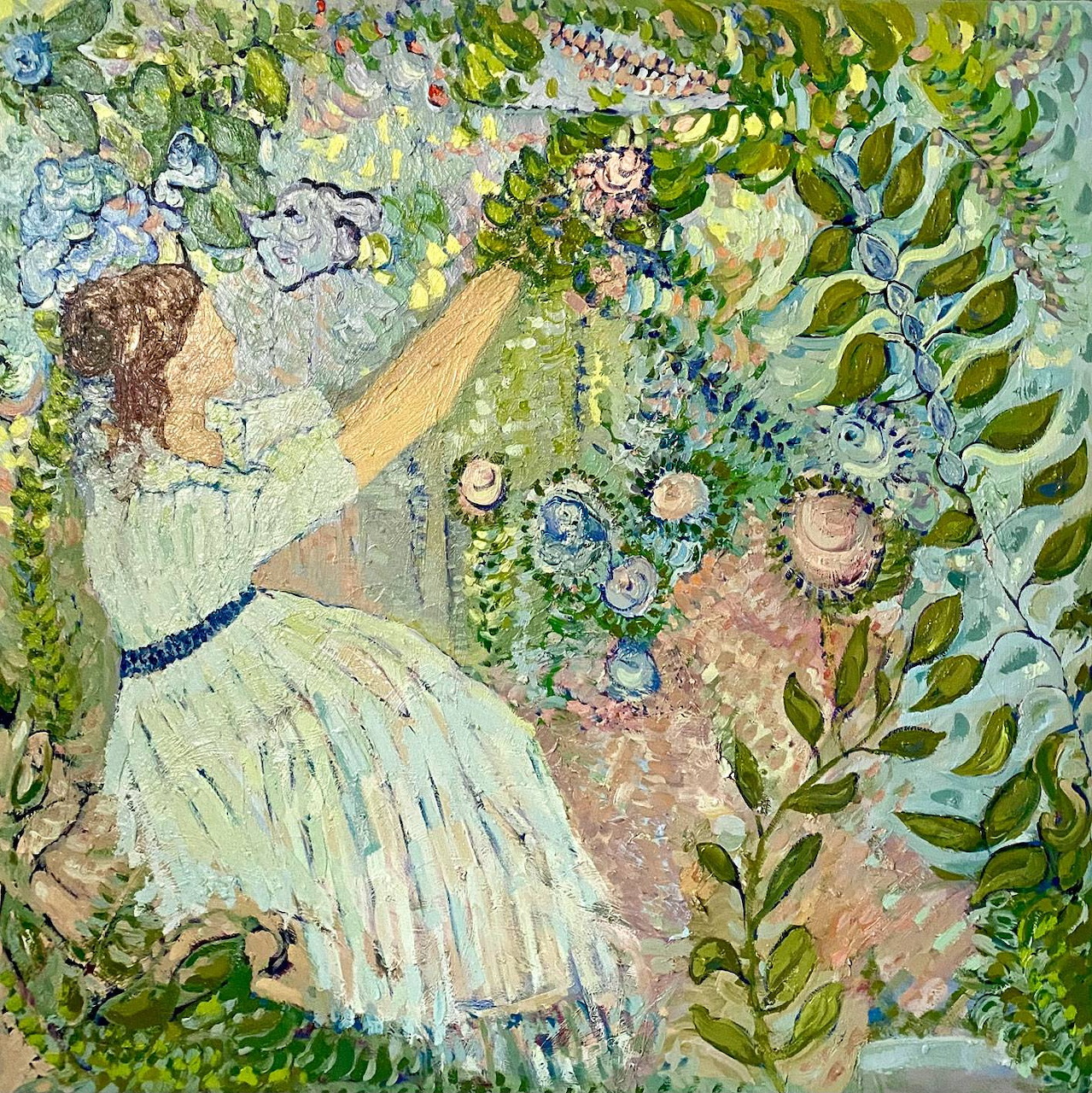 Impressionist oil painting of woman in flowing dress among garden flowers and ferns with mosaic-like patterns