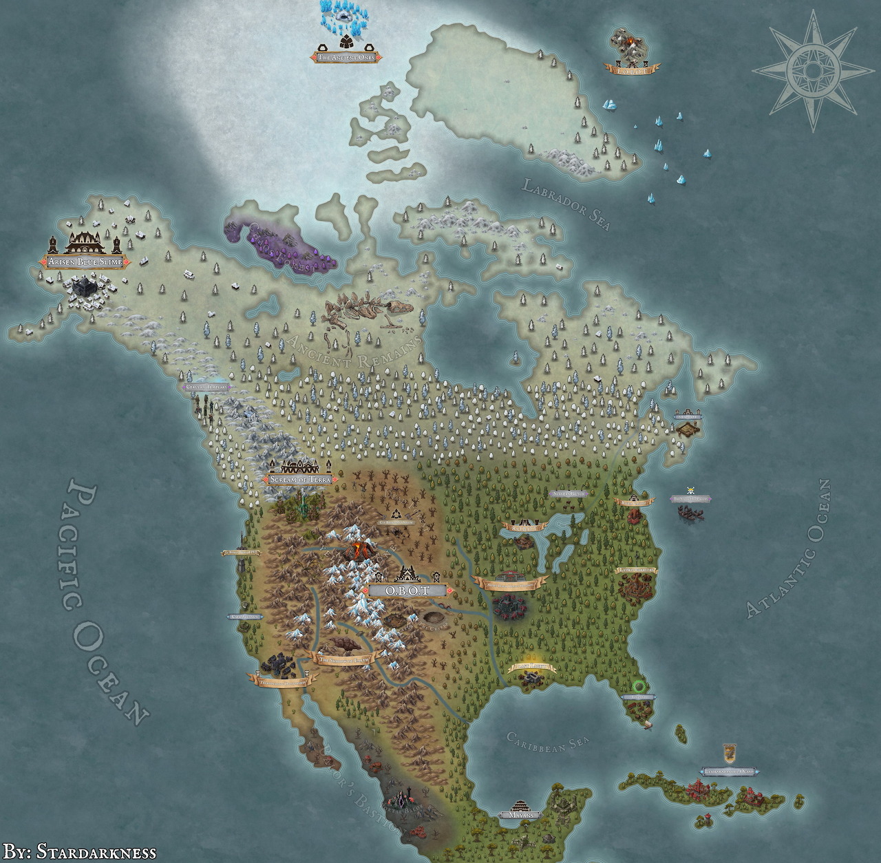 Illustrated fantasy map showing North America with terrain details and decorative elements