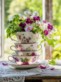 Three stacked floral teacups filled with purple and white pansies on lace doily by window