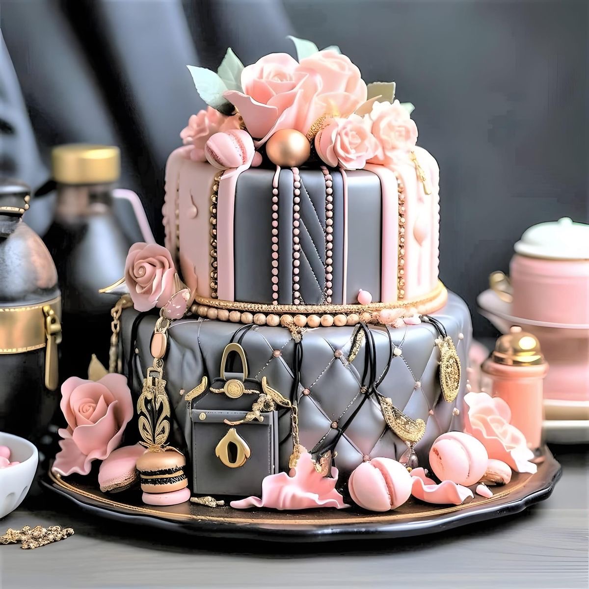 Three-tier luxury fashion cake with pink roses, pearls, quilted fondant, miniature handbag, and macarons on gray tiers