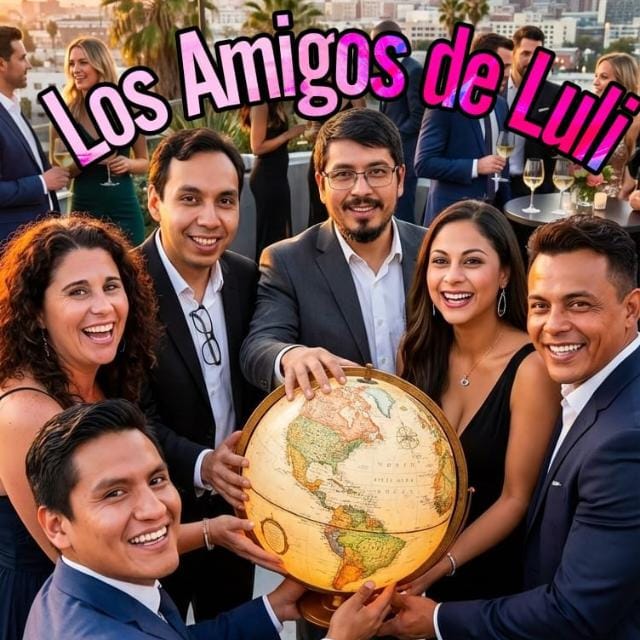 Six smiling adults holding a globe outdoors with Los Amigos de Luli text above