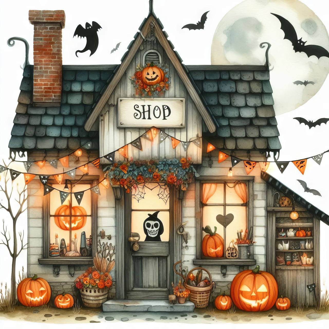 Illustrated Halloween shop cottage with pumpkins, bats, bunting, and a full moon