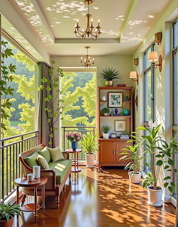 Sunlit terrace interior with large windows, potted plants, chairs, and warm shadows on a wooden floor
