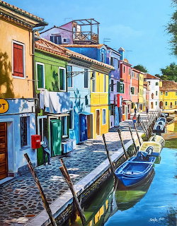 Painting of colorful houses along a canal in Burano with mored boats and coblestone walkway