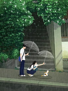 Two people with umbrellas feeding cats on rainy street under green trees
