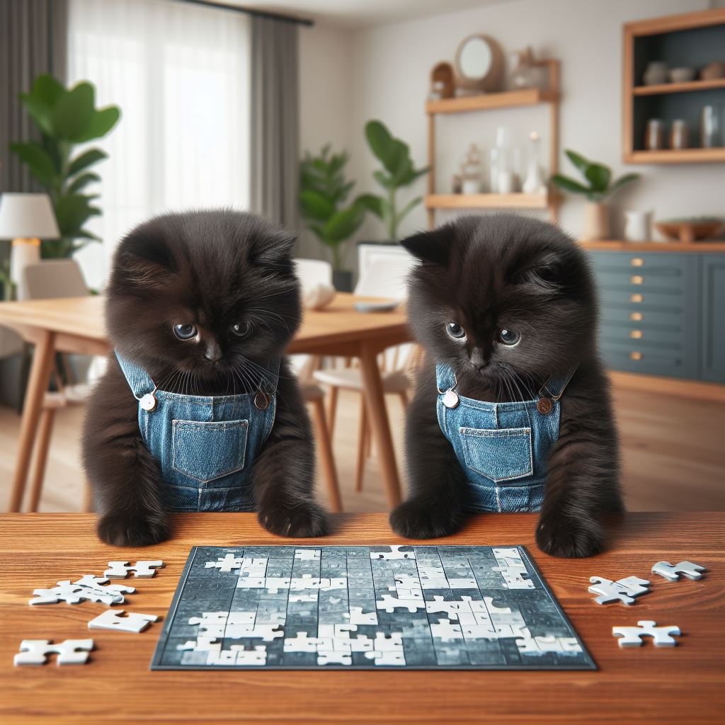 Two black kittens in denim overalls sitting at a table with puzzle pieces in a bright modern interior
