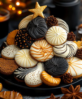Decorative cookies in black, white and gold arranged as Christmas tree with star on top