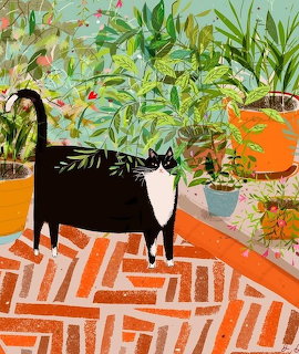 Black and white cat on a patterned patio among potted plants