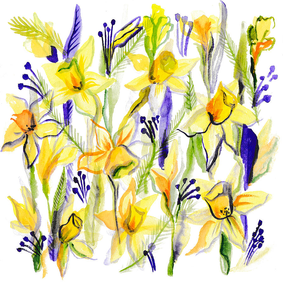 Watercolor painting of yellow daffodils and purple flowers with green stems on white background