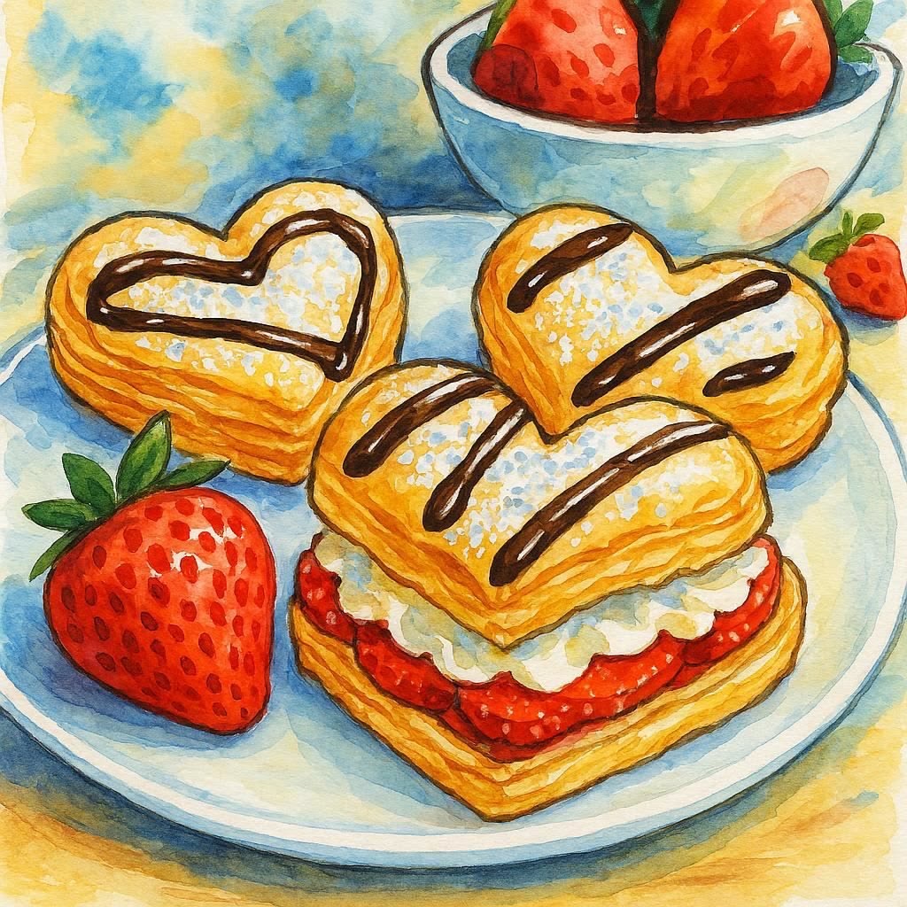 Illustration of heart-shaped pastries with cream and strawberries on a plate
