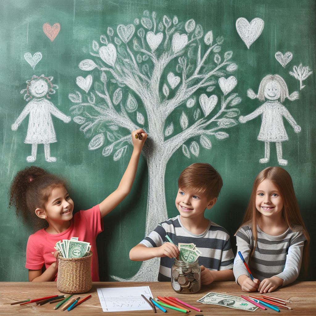Three children with jars of money at a table in front of a chalkboard tree drawing
