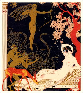 Art Deco illustration with golden silhouettes and reclining figures on black background with pink cherry blossoms