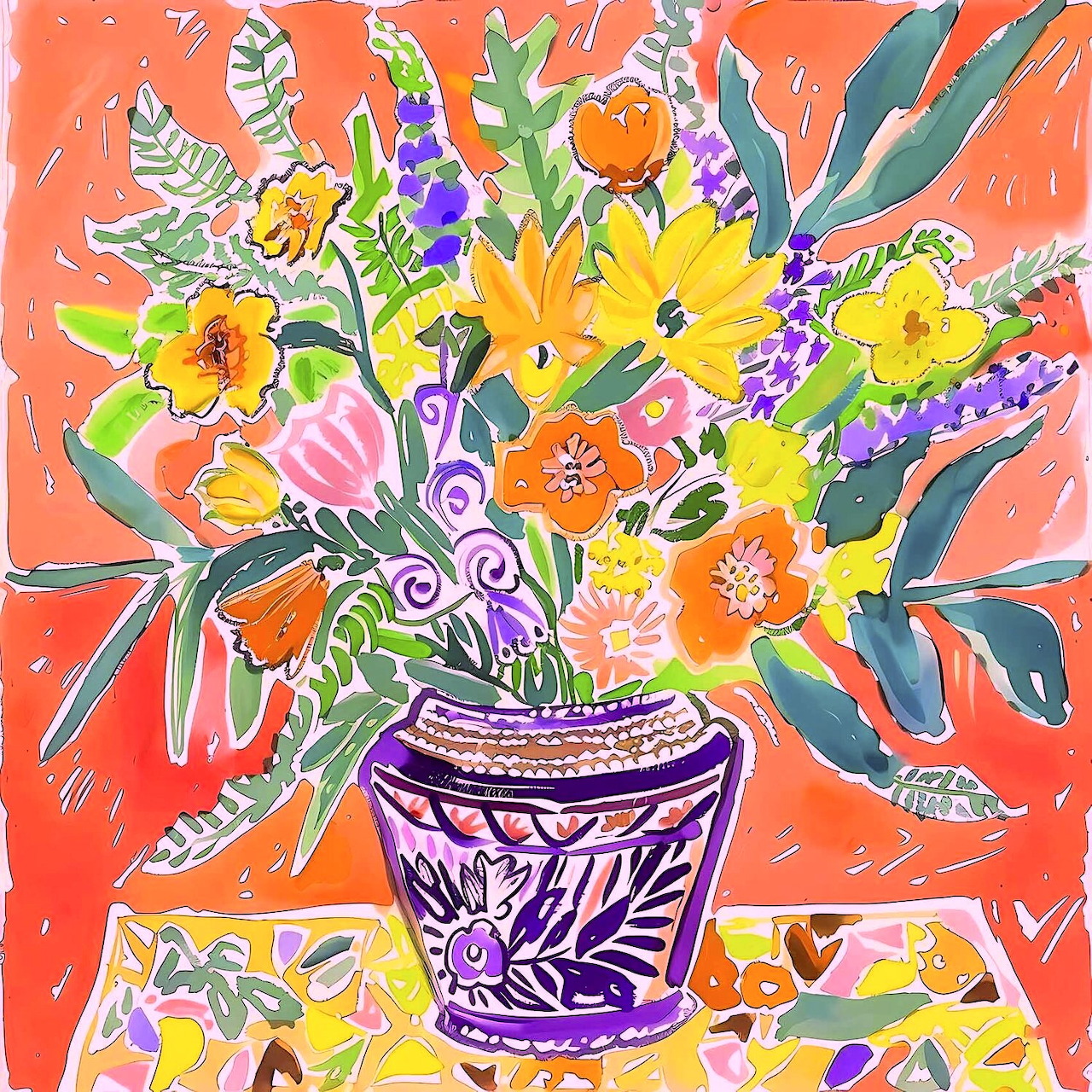 Colorful painting of spring flowers including yellow and orange blooms in an ornate purple vase on coral background