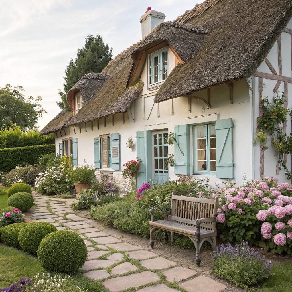 Thatched cottage with blue shutters, garden path, bench and pink hydrangeas