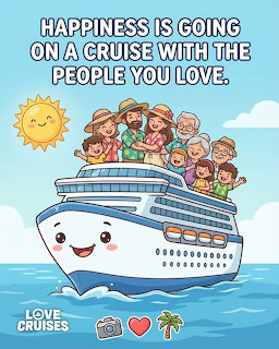 Cartoon cruise ship with smiling people on the ocean under a sunny sky and a caption at the top.