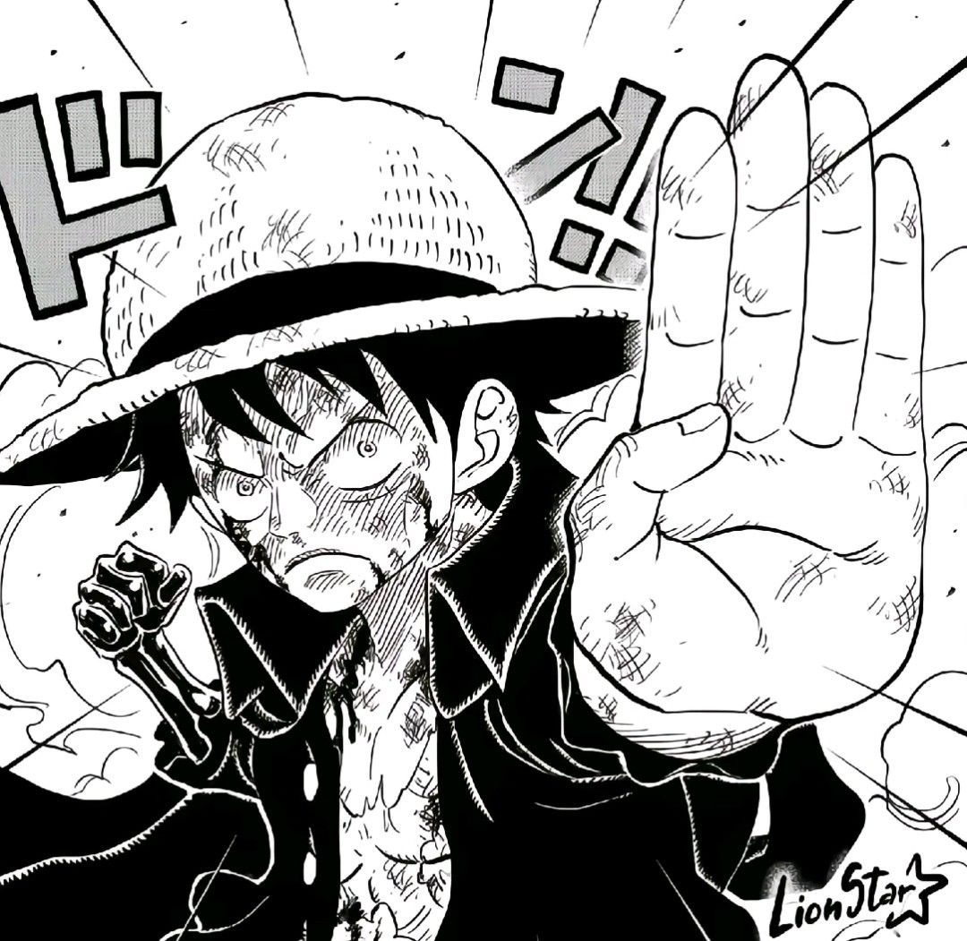 Manga style drawing of Luffy in straw hat extending hand toward viewer with dramatic motion lines
