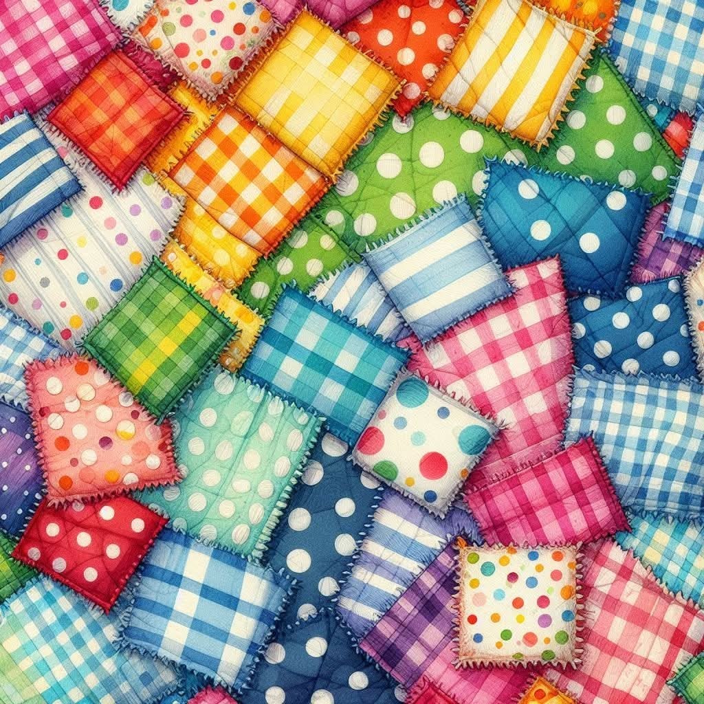 Colorful patchwork quilt with gingham, polka dot and plaid fabric squares stitched together