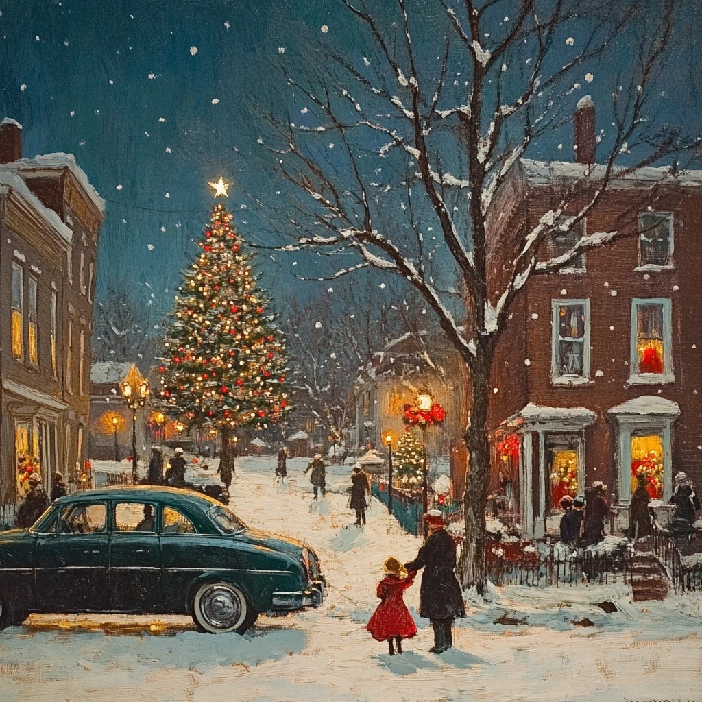 Snowy Christmas village street with glowing tree, vintage car, and festive storefronts at night