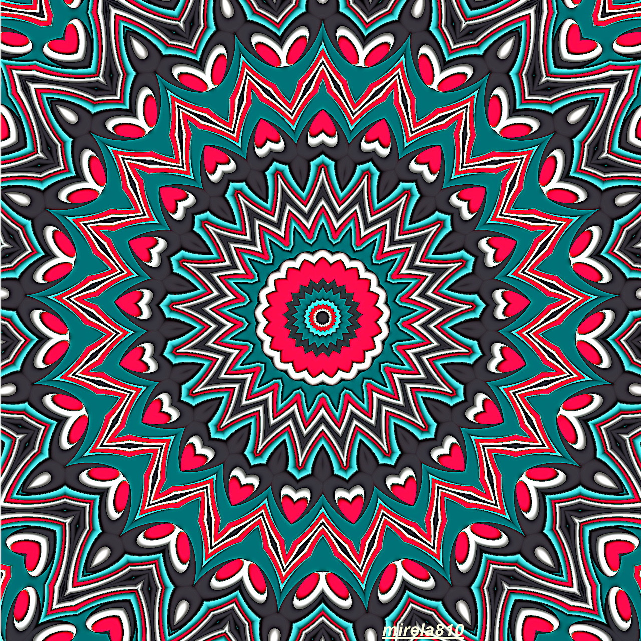Symmetrical mandala with red, teal, black and white geometric patterns radiating from center