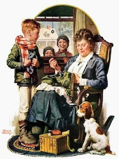 Vintage illustration of mother sewing pants with two children and dog watching