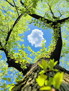 Upward view of a tree trunk and branches with green spring leaves against a bright blue sky and white cloud