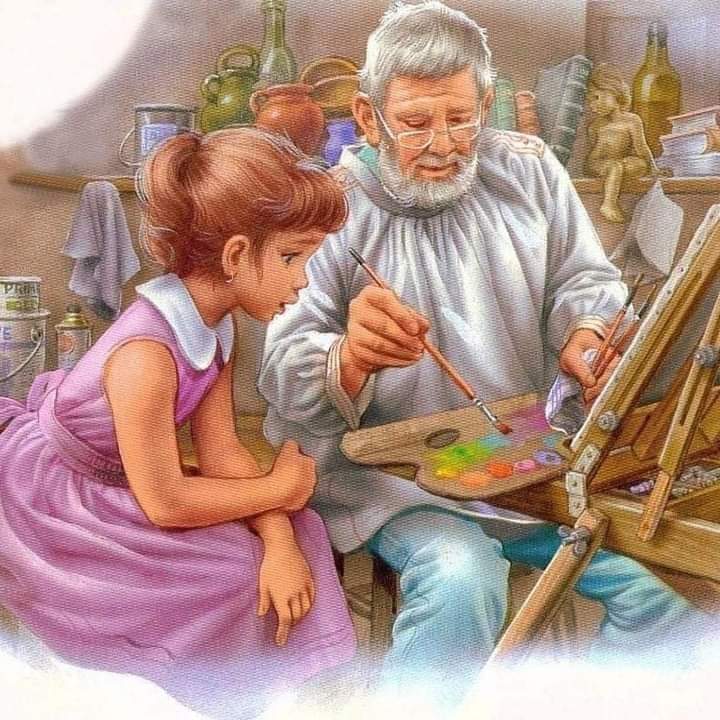 Grandfather Teaching Girl to Paint