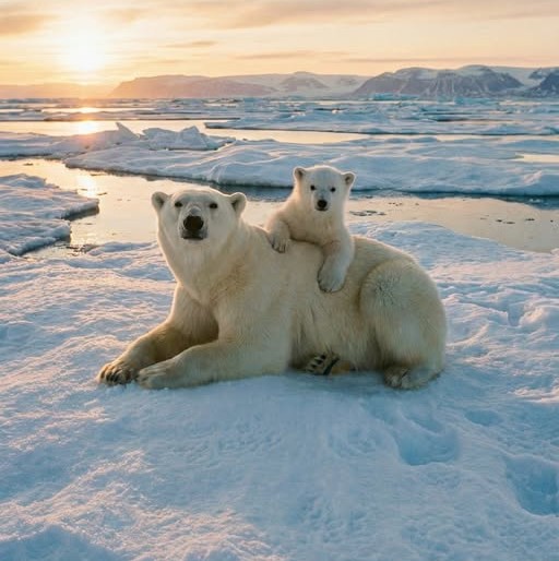 Two polar bears lying on snowy ice with sunset and Arctic mountains behind them