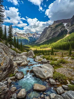 Rocky mountain stream flowing through boulders in a valley with evergreen trees and towering peaks