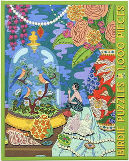 Colorful illustration of a woman in a green dress surrounded by flowers, birds, and a glass terrarium in a garden