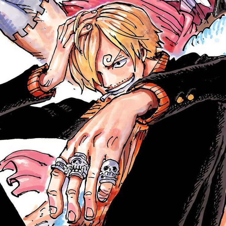 Anime character Sanji from One Piece reaching forward, wearing black suit with blonde hair covering one eye