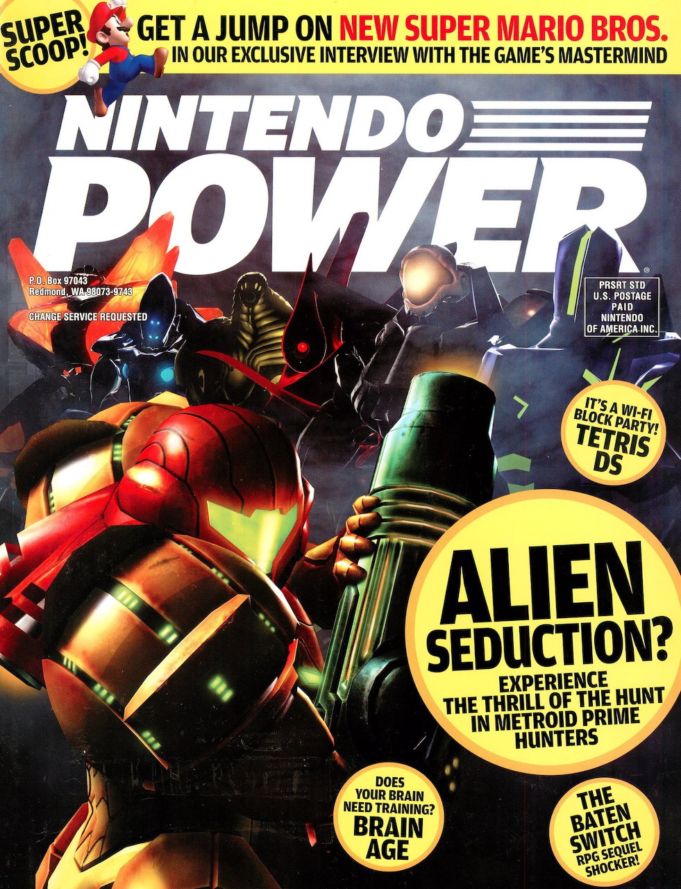 Nintendo Power Issue 202 cover showing Metroid Prime Hunters characters in armor