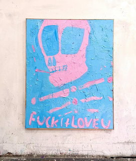 Textured painting of a pink skull and crossbones on blue background leaning against a wall