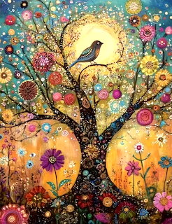 Decorative bird on flowering tree branch with colorful blooms and moon in starry sky background